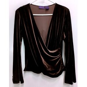 VTG‎ 90s Metaphor Wrap Top Womens Medium Brown Velvet Long Sleeve Ruched Glam